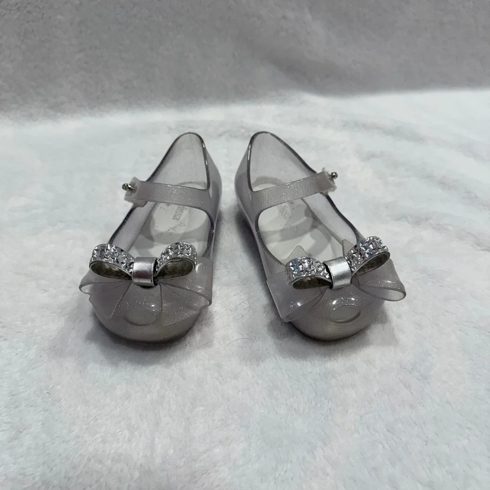 Mini Melissa Glitter Bow Jelly Mary‎ Jane Flats Size 7 Toddler Kids Silver Shoes